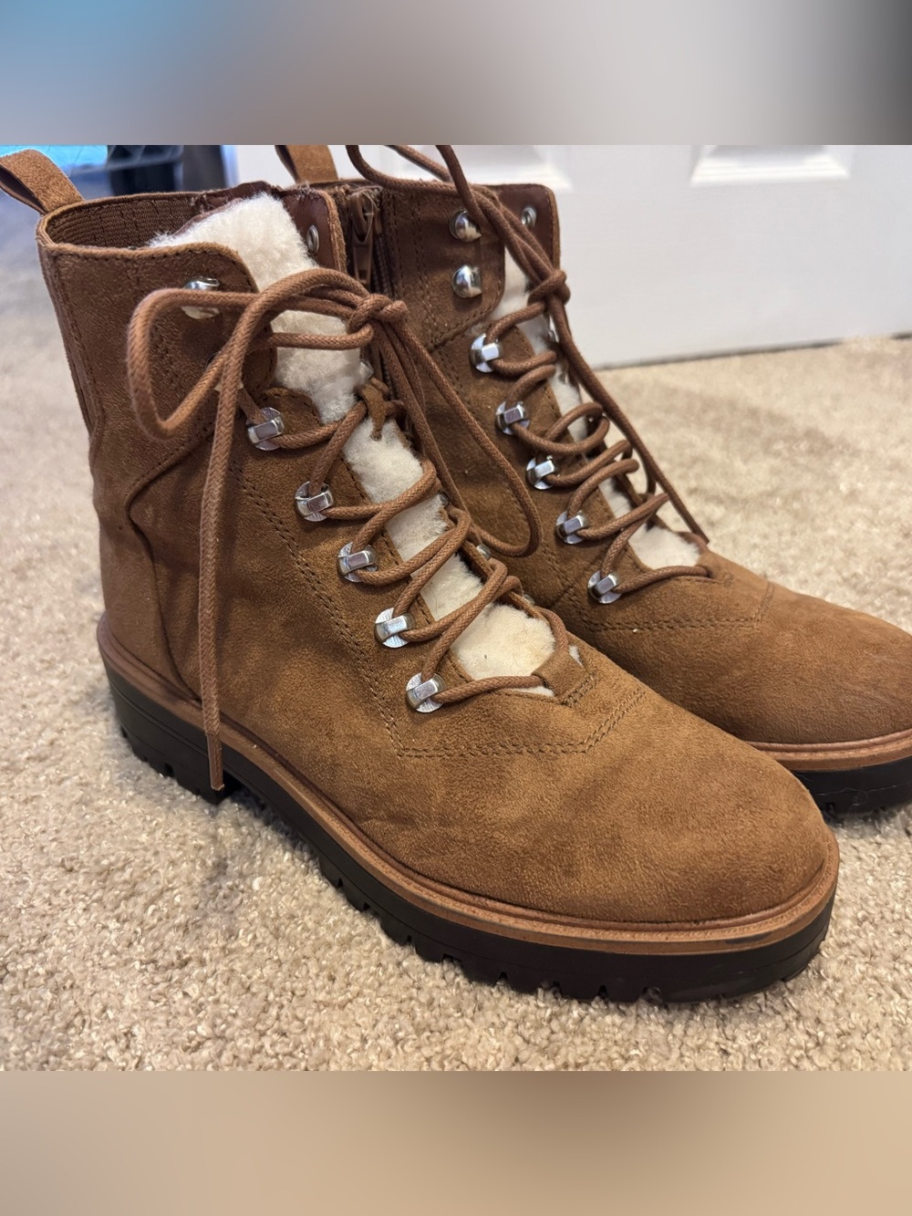 Shearling-Lined Lace-Up Ankle Boots - Chestnut Brown - Size 8